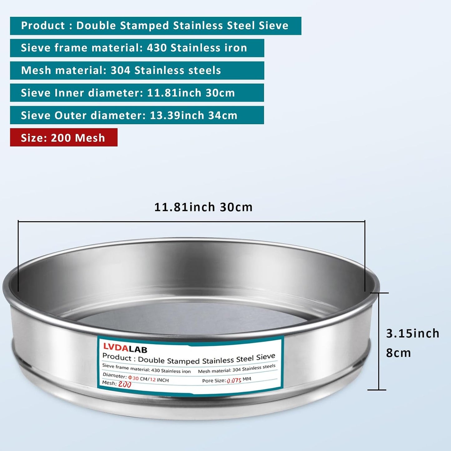 304 Stainless Steel Lab Sieve Screen Mesh, 100 Mesh (0.15mm) Aperture Test Sieve, 12Inch(30cm) Diameter Economy Standard Analysis Sample Test Sieves for Industrial Laboratory Homes - Colors B