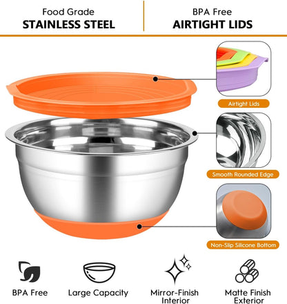 Mixing Bowls with Airtight Lids, 18pcs Stainless Steel Mixing Bowls Set | Nesting Non-slip Silicone Bowls Bottom, Size 4.5, 3.6, 2.7, 2.1, 1.7, 1.1, 0.7 qt, Fit for Mixing & Serving(Colorful )