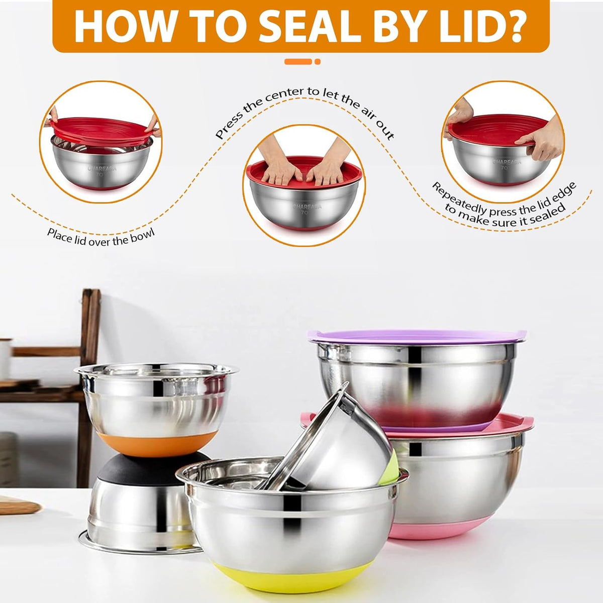Mixing Bowls with Airtight Lids, 18pcs Stainless Steel Mixing Bowls Set | Nesting Non-slip Silicone Bowls Bottom, Size 4.5, 3.6, 2.7, 2.1, 1.7, 1.1, 0.7 qt, Fit for Mixing & Serving(Colorful )