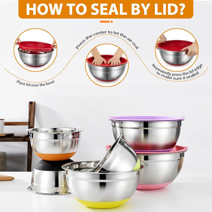 Mixing Bowls with Airtight Lids, 18pcs Stainless Steel Mixing Bowls Set | Nesting Non-slip Silicone Bowls Bottom, Size 4.5, 3.6, 2.7, 2.1, 1.7, 1.1, 0.7 qt, Fit for Mixing & Serving(Colorful )
