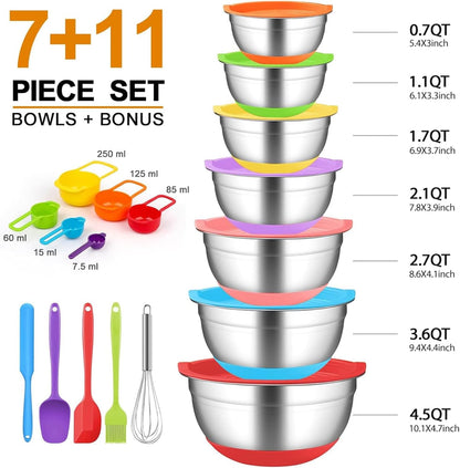 Mixing Bowls with Airtight Lids, 18pcs Stainless Steel Mixing Bowls Set | Nesting Non-slip Silicone Bowls Bottom, Size 4.5, 3.6, 2.7, 2.1, 1.7, 1.1, 0.7 qt, Fit for Mixing & Serving(Colorful )