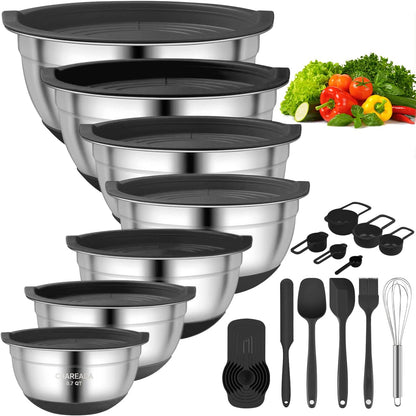 Mixing Bowls with Airtight Lids, 18pcs Stainless Steel Mixing Bowls Set | Nesting Non-slip Silicone Bowls Bottom, Size 4.5, 3.6, 2.7, 2.1, 1.7, 1.1, 0.7 qt, Fit for Mixing & Serving(Colorful )
