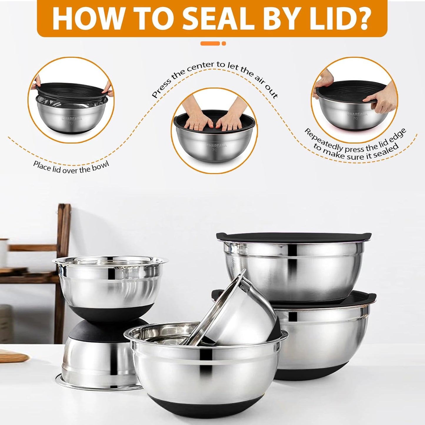 Mixing Bowls with Airtight Lids, 18pcs Stainless Steel Mixing Bowls Set | Nesting Non-slip Silicone Bowls Bottom, Size 4.5, 3.6, 2.7, 2.1, 1.7, 1.1, 0.7 qt, Fit for Mixing & Serving(Colorful )