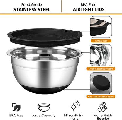 Mixing Bowls with Airtight Lids, 18pcs Stainless Steel Mixing Bowls Set | Nesting Non-slip Silicone Bowls Bottom, Size 4.5, 3.6, 2.7, 2.1, 1.7, 1.1, 0.7 qt, Fit for Mixing & Serving(Colorful )