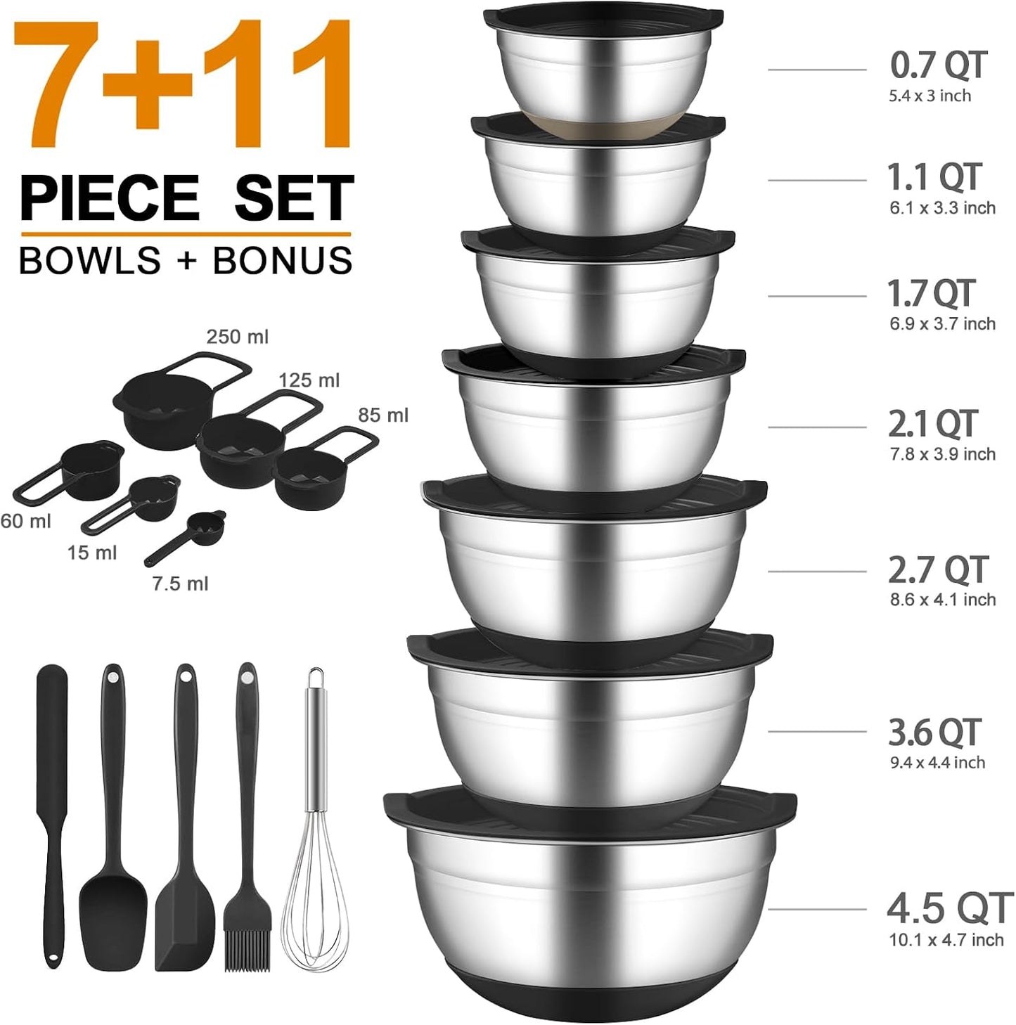 Mixing Bowls with Airtight Lids, 18pcs Stainless Steel Mixing Bowls Set | Nesting Non-slip Silicone Bowls Bottom, Size 4.5, 3.6, 2.7, 2.1, 1.7, 1.1, 0.7 qt, Fit for Mixing & Serving(Colorful )