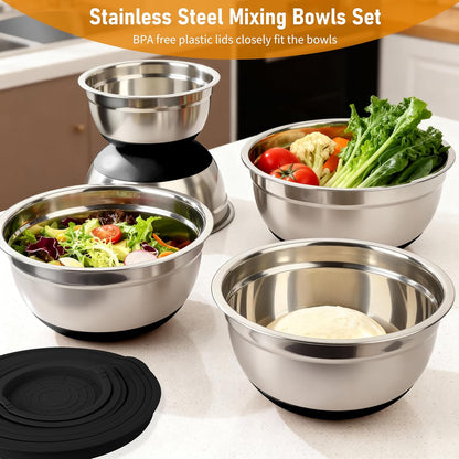 Mixing Bowls with Airtight Lids, 18pcs Stainless Steel Mixing Bowls Set | Nesting Non-slip Silicone Bowls Bottom, Size 4.5, 3.6, 2.7, 2.1, 1.7, 1.1, 0.7 qt, Fit for Mixing & Serving(Colorful )