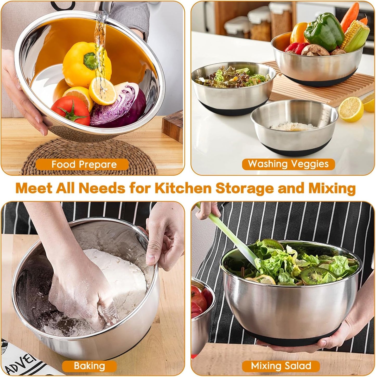 Mixing Bowls with Airtight Lids, 18pcs Stainless Steel Mixing Bowls Set | Nesting Non-slip Silicone Bowls Bottom, Size 4.5, 3.6, 2.7, 2.1, 1.7, 1.1, 0.7 qt, Fit for Mixing & Serving(Colorful )