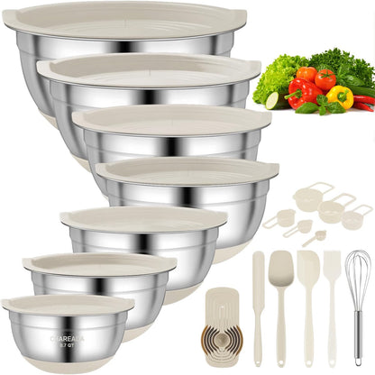 Mixing Bowls with Airtight Lids, 18pcs Stainless Steel Mixing Bowls Set | Nesting Non-slip Silicone Bowls Bottom, Size 4.5, 3.6, 2.7, 2.1, 1.7, 1.1, 0.7 qt, Fit for Mixing & Serving(Colorful )