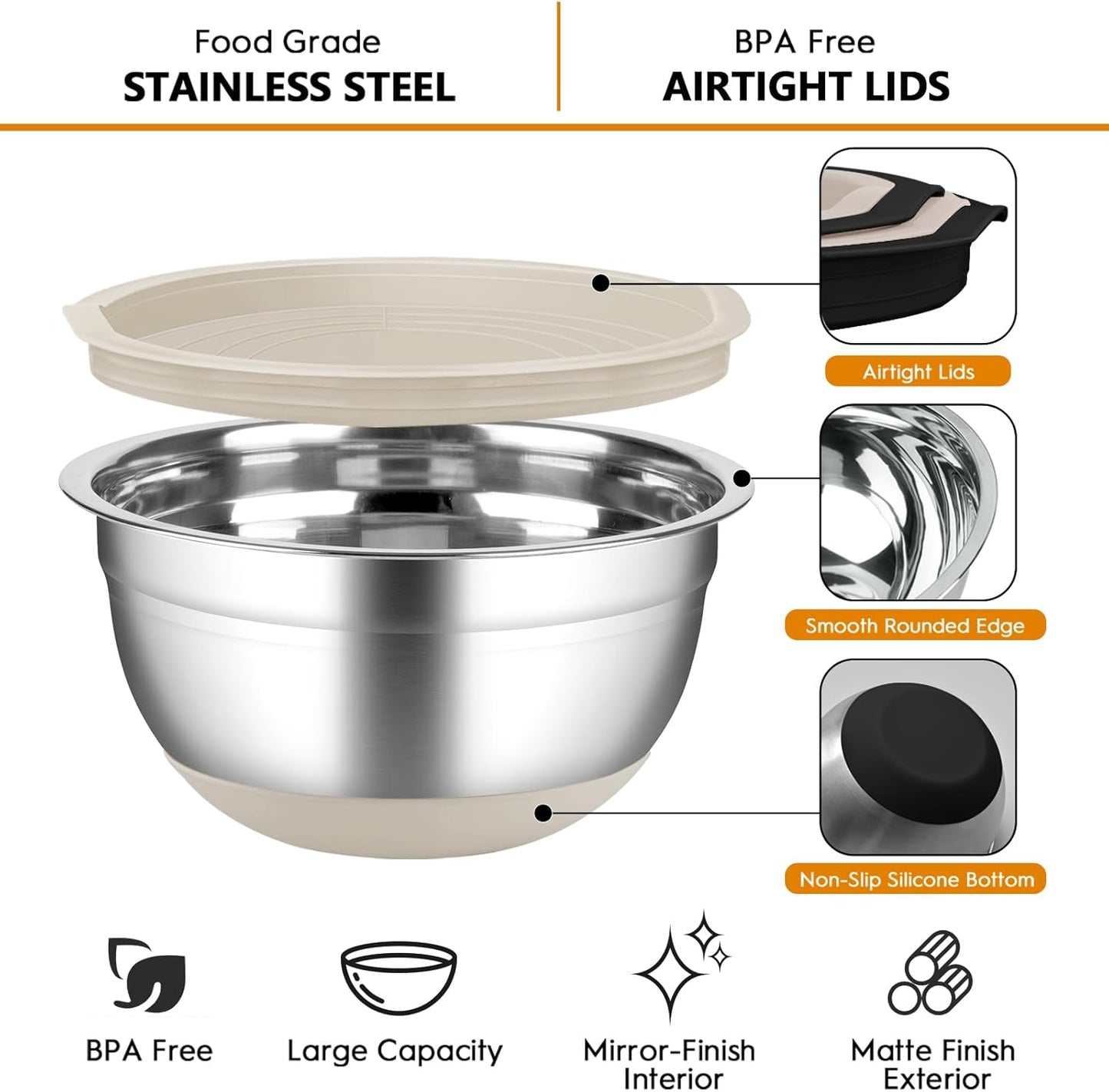 Mixing Bowls with Airtight Lids, 18pcs Stainless Steel Mixing Bowls Set | Nesting Non-slip Silicone Bowls Bottom, Size 4.5, 3.6, 2.7, 2.1, 1.7, 1.1, 0.7 qt, Fit for Mixing & Serving(Colorful )