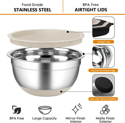 Mixing Bowls with Airtight Lids, 18pcs Stainless Steel Mixing Bowls Set | Nesting Non-slip Silicone Bowls Bottom, Size 4.5, 3.6, 2.7, 2.1, 1.7, 1.1, 0.7 qt, Fit for Mixing & Serving(Colorful )