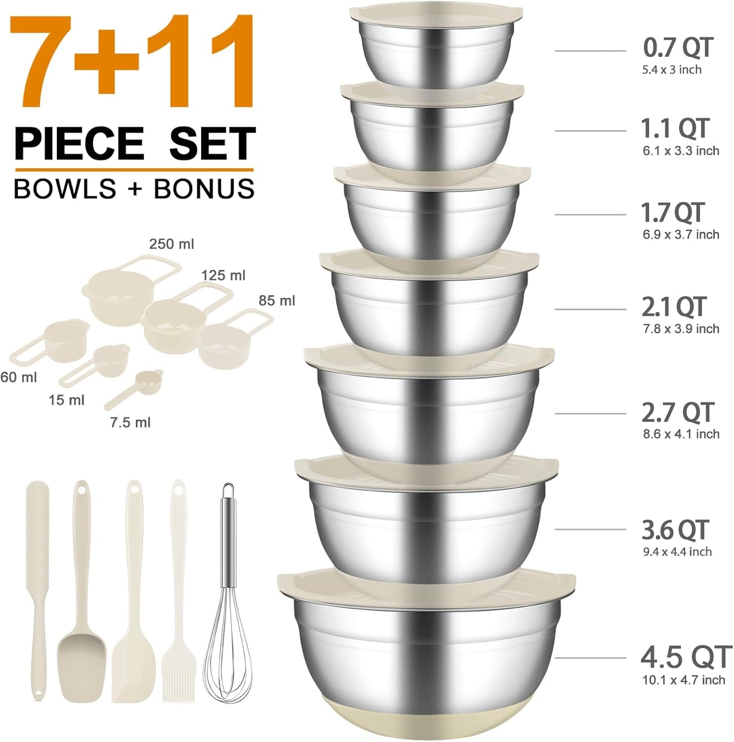 Mixing Bowls with Airtight Lids, 18pcs Stainless Steel Mixing Bowls Set | Nesting Non-slip Silicone Bowls Bottom, Size 4.5, 3.6, 2.7, 2.1, 1.7, 1.1, 0.7 qt, Fit for Mixing & Serving(Colorful )