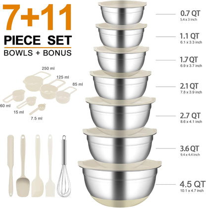 Mixing Bowls with Airtight Lids, 18pcs Stainless Steel Mixing Bowls Set | Nesting Non-slip Silicone Bowls Bottom, Size 4.5, 3.6, 2.7, 2.1, 1.7, 1.1, 0.7 qt, Fit for Mixing & Serving(Colorful )