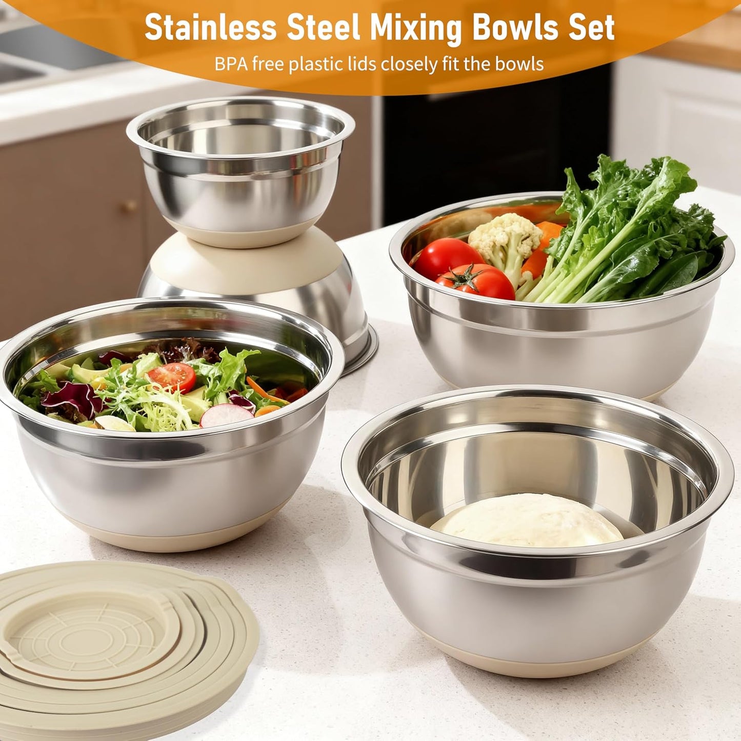 Mixing Bowls with Airtight Lids, 18pcs Stainless Steel Mixing Bowls Set | Nesting Non-slip Silicone Bowls Bottom, Size 4.5, 3.6, 2.7, 2.1, 1.7, 1.1, 0.7 qt, Fit for Mixing & Serving(Colorful )