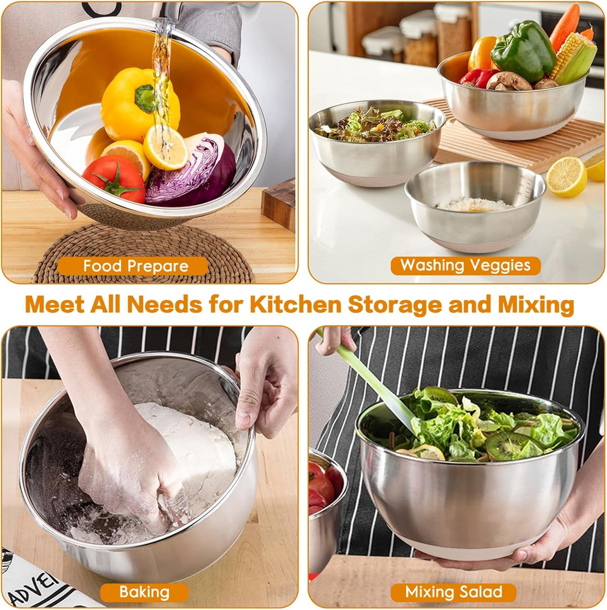 Mixing Bowls with Airtight Lids, 18pcs Stainless Steel Mixing Bowls Set | Nesting Non-slip Silicone Bowls Bottom, Size 4.5, 3.6, 2.7, 2.1, 1.7, 1.1, 0.7 qt, Fit for Mixing & Serving(Colorful )