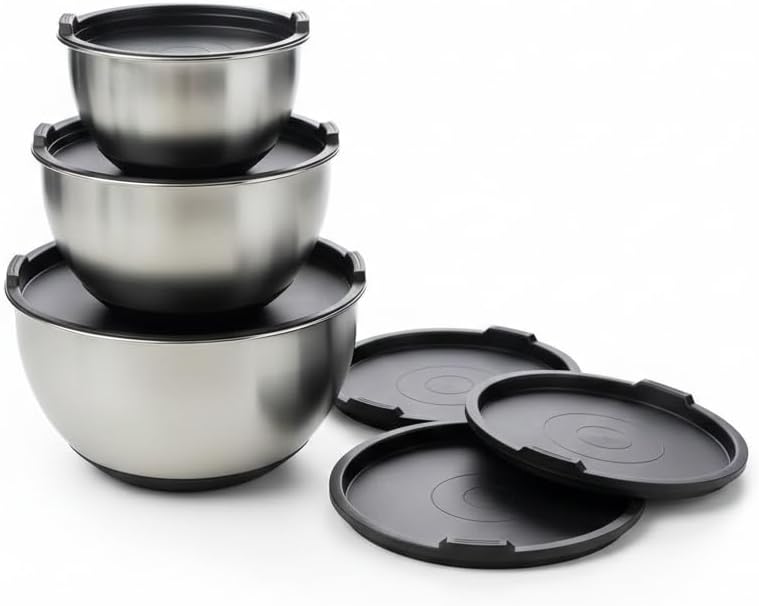 Matte Black Stainless Steel Mixing Bowls with Lids Set (3-Piece) - Nesting Bowls for Cooking, Baking, Salads & Serving - 1.5 QT, 3 QT & 5 QT - Modern Kitchen Essentials by Samma