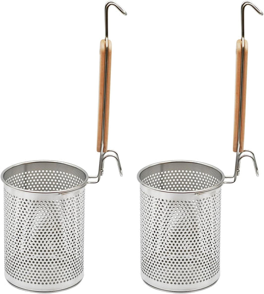 Stainless Steel Pasta Strainer, 2pcs Noodle Strainer Pasta Baskets | 4.3 Inch Micro-Perforated, Food Dumpling Noodle Strainer, Wood Handle, Straining Noodles Pasta Baskets