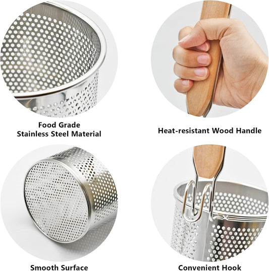 Stainless Steel Pasta Strainer, 2pcs Noodle Strainer Pasta Baskets | 4.3 Inch Micro-Perforated, Food Dumpling Noodle Strainer, Wood Handle, Straining Noodles Pasta Baskets