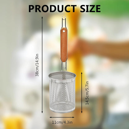 Stainless Steel Pasta Strainer, 2pcs Noodle Strainer Pasta Baskets | 4.3 Inch Micro-Perforated, Food Dumpling Noodle Strainer, Wood Handle, Straining Noodles Pasta Baskets