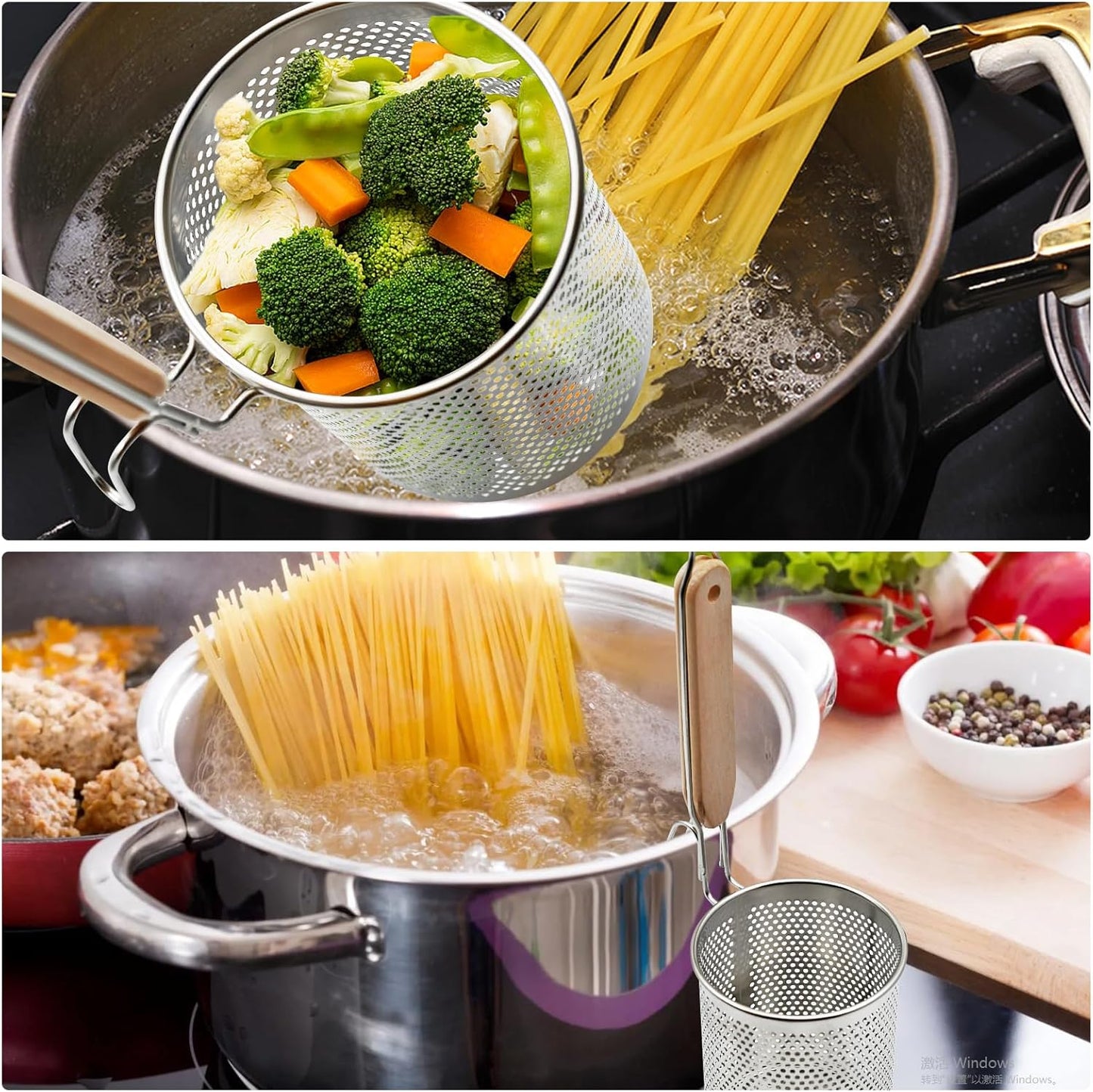 Stainless Steel Pasta Strainer, 2pcs Noodle Strainer Pasta Baskets | 4.3 Inch Micro-Perforated, Food Dumpling Noodle Strainer, Wood Handle, Straining Noodles Pasta Baskets