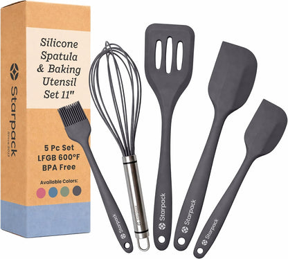 Starpack Flip and Whip Silicone Baking Utensils Set (5-Piece) - LFGB Non Toxic, 600°F Heat Resistant, BPA-Free - Whisk and Rubber Spatula Set with Pastry Brush - Dishwasher Safe, Nonstick Earthy Pink