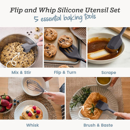 Starpack Flip and Whip Silicone Baking Utensils Set (5-Piece) - LFGB Non Toxic, 600°F Heat Resistant, BPA-Free - Whisk and Rubber Spatula Set with Pastry Brush - Dishwasher Safe, Nonstick Earthy Pink