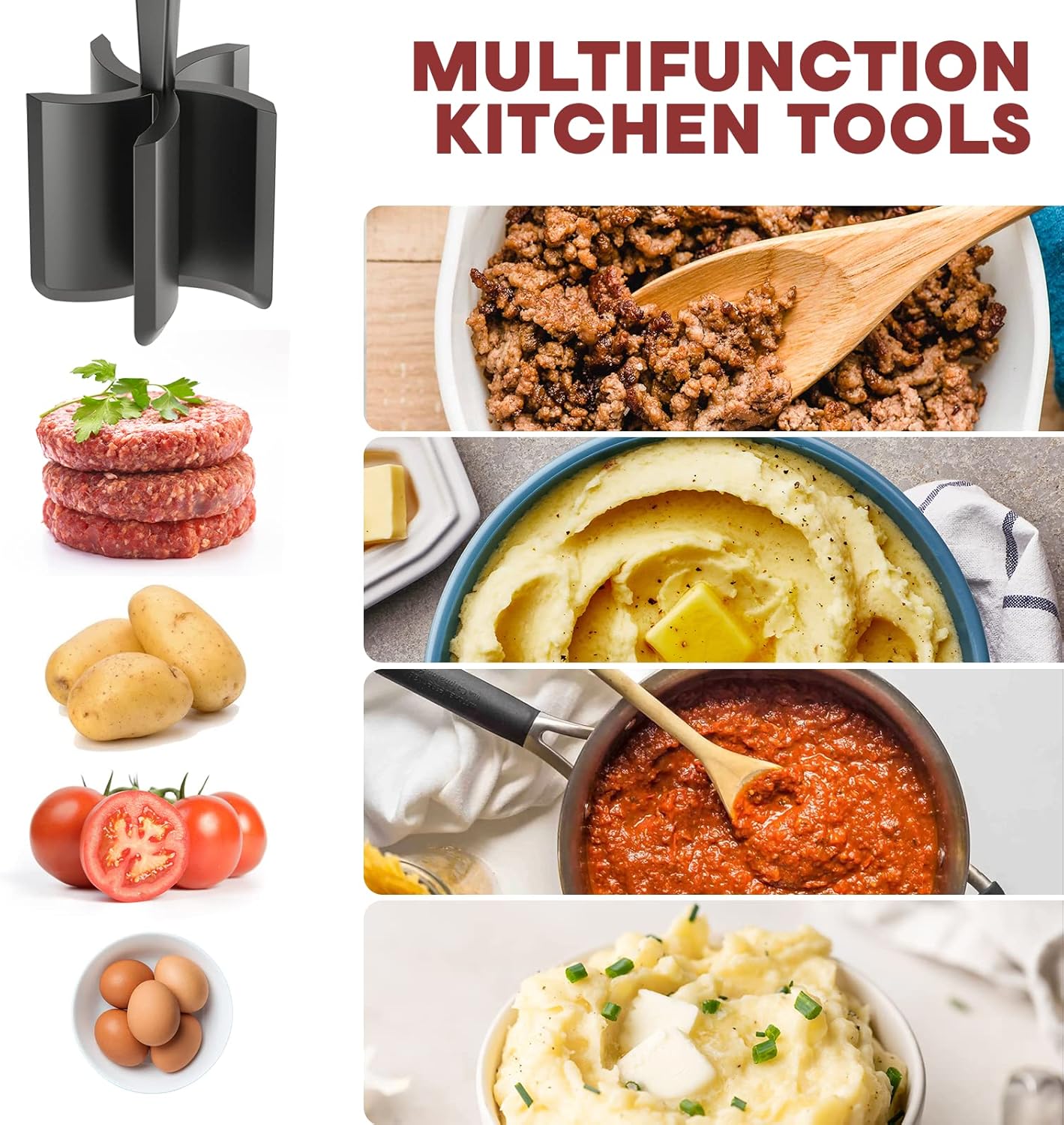 Meat Chopper Hamburger Grinder, Kitchen Smasher for Ground Beef | Heat Resistant, 5 Nylon Blade, Burger Grinder Potato Mix Tool, Meat & Poultry Tenderizers, Dishwasher Safe, Black