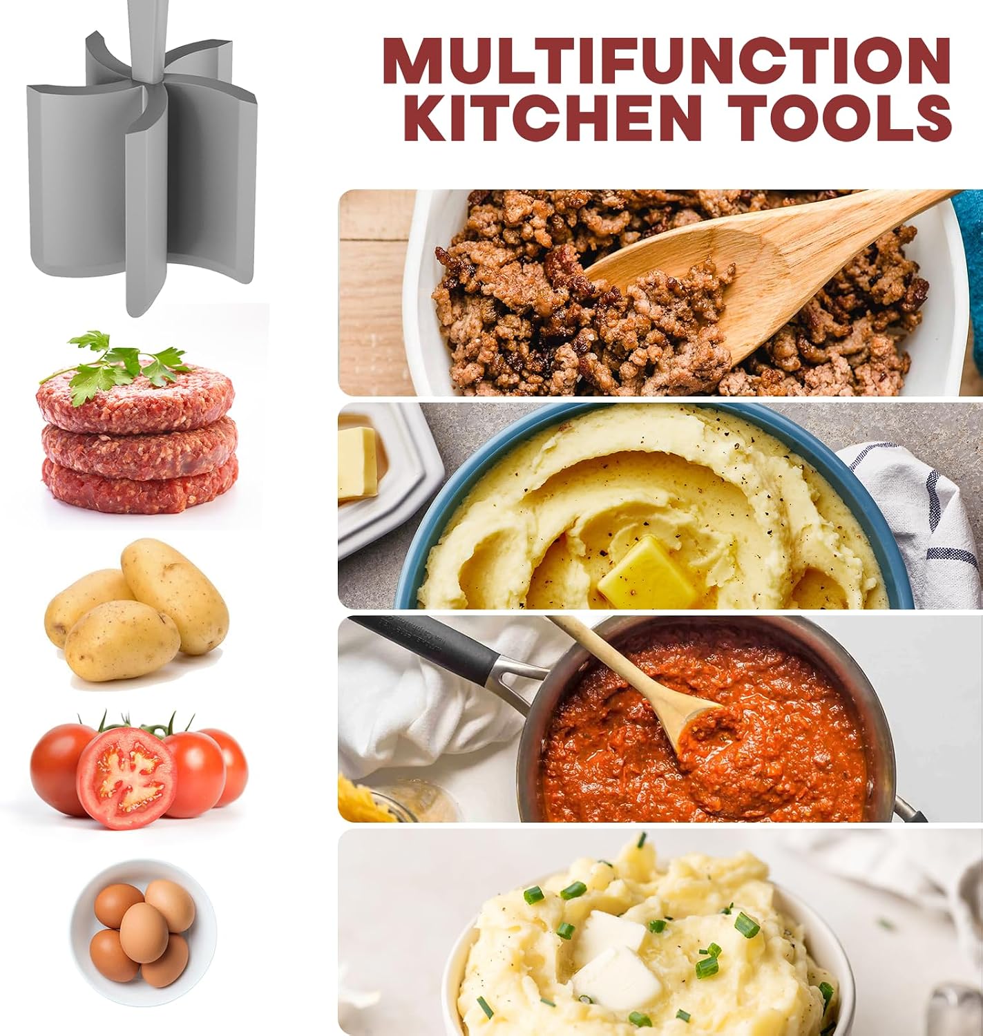 Meat Chopper Hamburger Grinder, Kitchen Smasher for Ground Beef | Heat Resistant, 5 Nylon Blade, Burger Grinder Potato Mix Tool, Meat & Poultry Tenderizers, Dishwasher Safe, Black