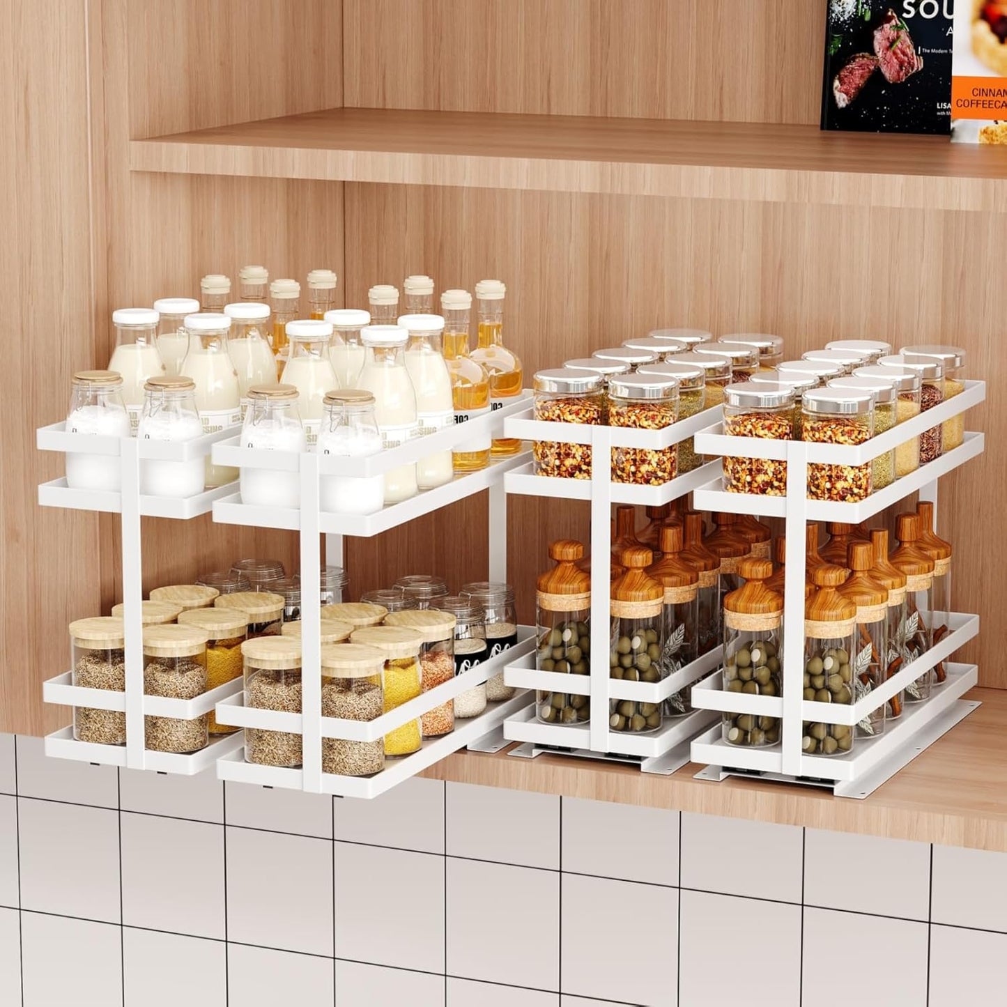2 Pack Pull Out Spice Rack Organizer for Cabinet, 2 Tier Metal Slide Out Seasoning Organizer and Storage Heavy Duty Vertical Spice Rack Shelf Pullout for Kitchen Cabinets No Drilling (Black)