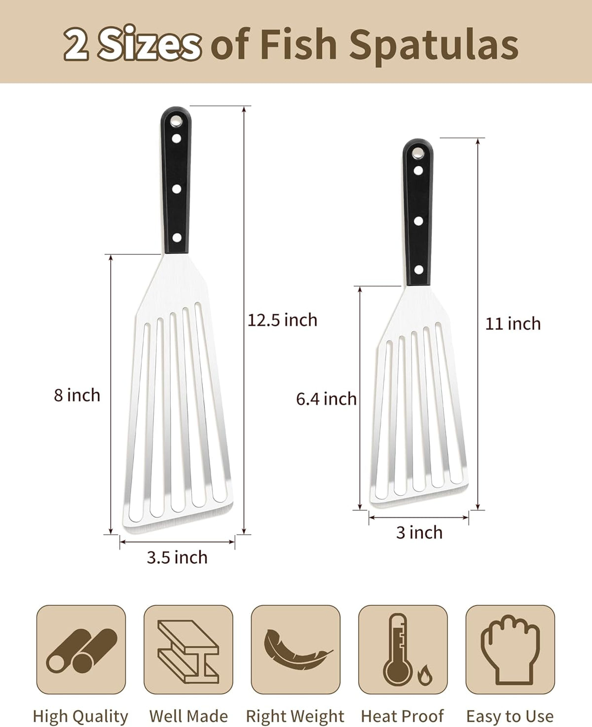2 Pack Stainless Steel Fish Spatula, Metal Slotted Turner Set, Griddle Grill Spatula for Kitchen Cooking, Flipping, Turning, Frying $ Grilling, Full Tang ABS Handle, DIshwasher Safe