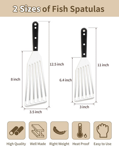 2 Pack Stainless Steel Fish Spatula, Metal Slotted Turner Set, Griddle Grill Spatula for Kitchen Cooking, Flipping, Turning, Frying $ Grilling, Full Tang ABS Handle, DIshwasher Safe