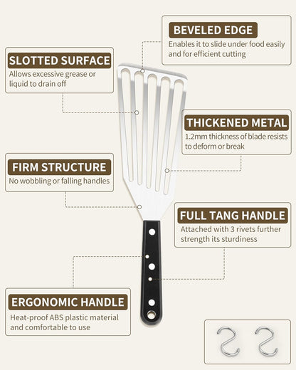 2 Pack Stainless Steel Fish Spatula, Metal Slotted Turner Set, Griddle Grill Spatula for Kitchen Cooking, Flipping, Turning, Frying $ Grilling, Full Tang ABS Handle, DIshwasher Safe