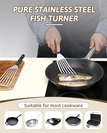 2 Pack Stainless Steel Fish Spatula, Metal Slotted Turner Set, Griddle Grill Spatula for Kitchen Cooking, Flipping, Turning, Frying $ Grilling, Full Tang ABS Handle, DIshwasher Safe