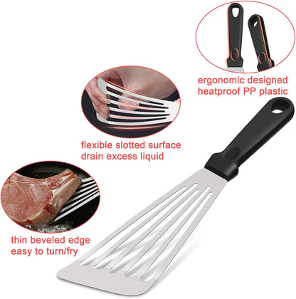 2 Pack Stainless Steel Fish Spatula, Metal Slotted Turner Set, Griddle Grill Spatula for Kitchen Cooking, Flipping, Turning, Frying $ Grilling, Full Tang ABS Handle, DIshwasher Safe