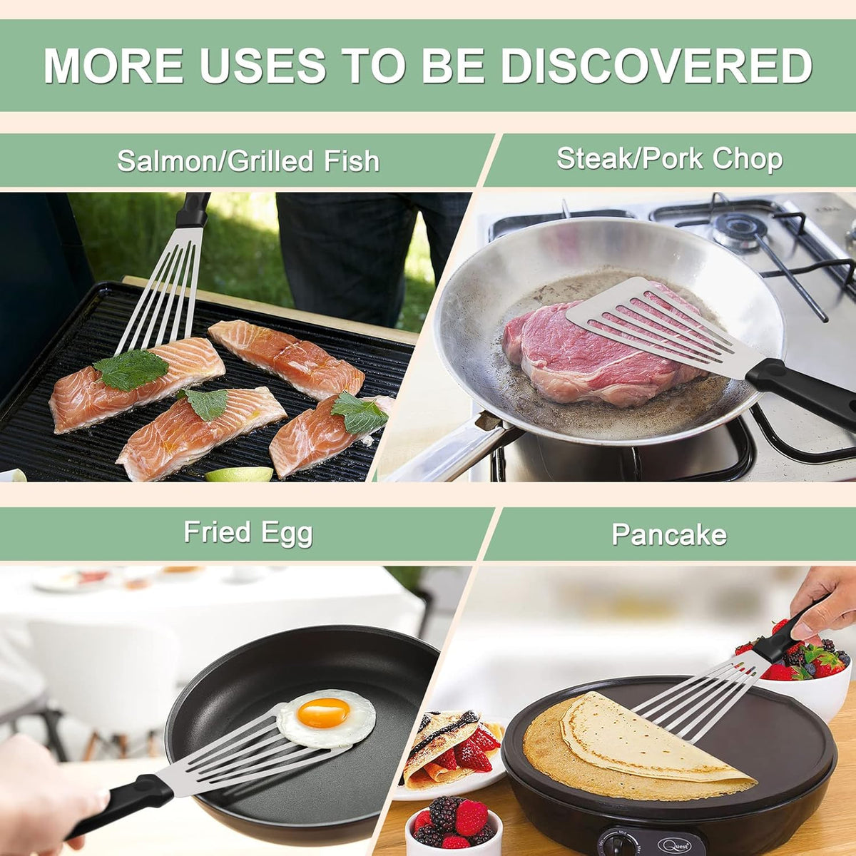 2 Pack Stainless Steel Fish Spatula, Metal Slotted Turner Set, Griddle Grill Spatula for Kitchen Cooking, Flipping, Turning, Frying $ Grilling, Full Tang ABS Handle, DIshwasher Safe