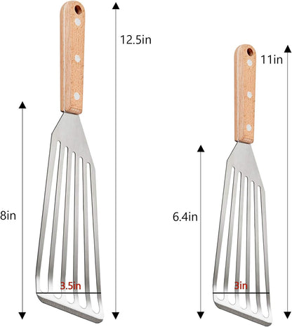 2 Pack Stainless Steel Fish Spatula, Metal Slotted Turner Set, Griddle Grill Spatula for Kitchen Cooking, Flipping, Turning, Frying $ Grilling, Full Tang ABS Handle, DIshwasher Safe