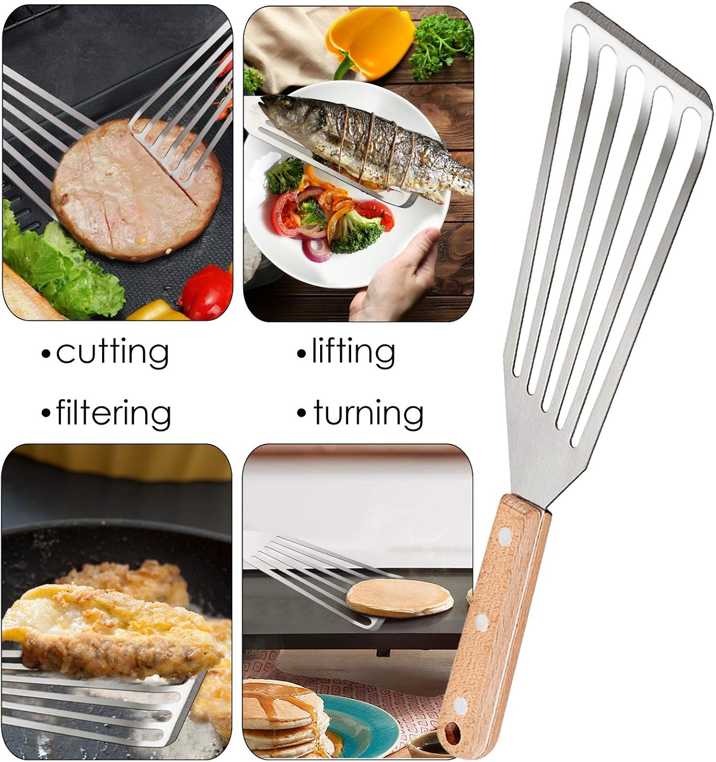 2 Pack Stainless Steel Fish Spatula, Metal Slotted Turner Set, Griddle Grill Spatula for Kitchen Cooking, Flipping, Turning, Frying $ Grilling, Full Tang ABS Handle, DIshwasher Safe