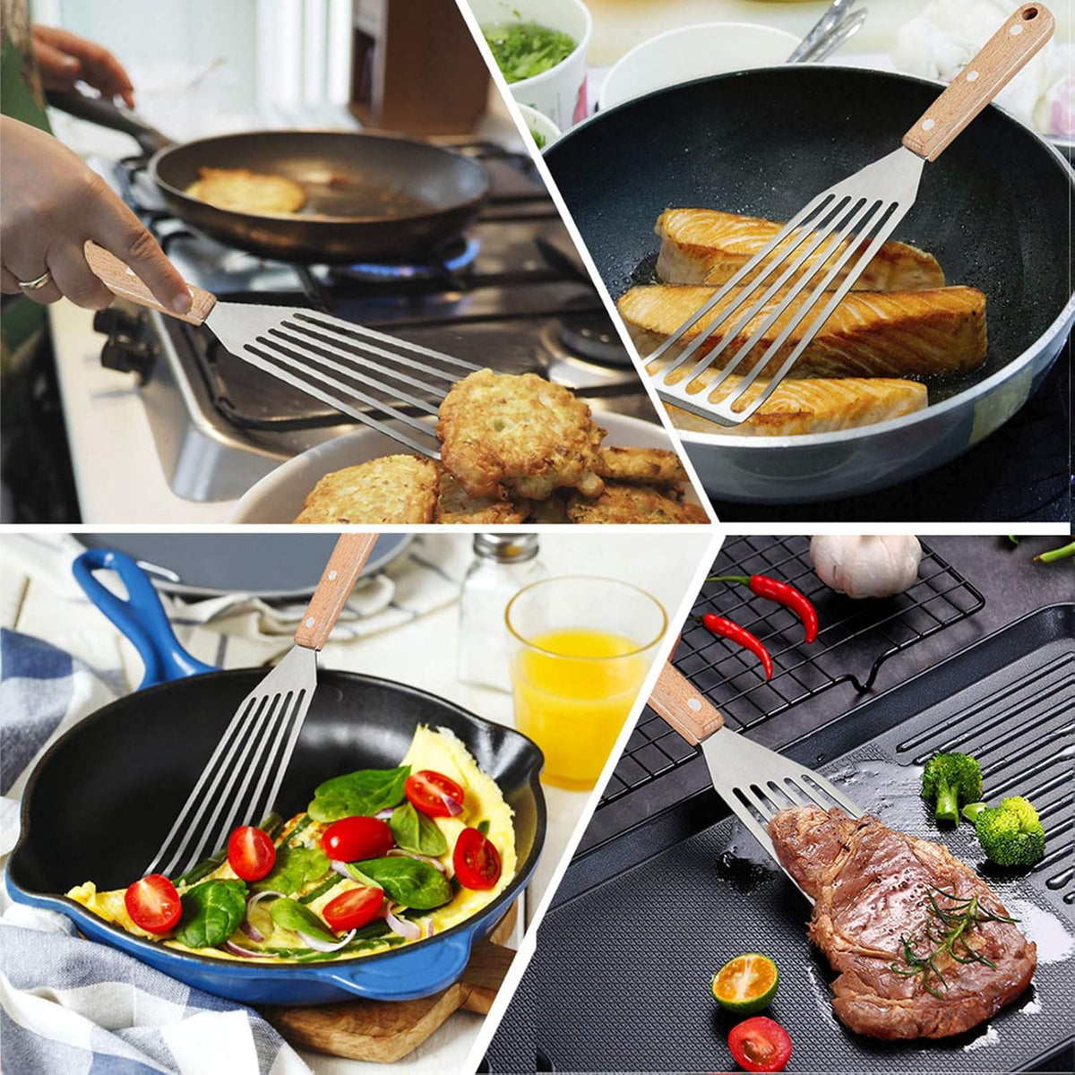 2 Pack Stainless Steel Fish Spatula, Metal Slotted Turner Set, Griddle Grill Spatula for Kitchen Cooking, Flipping, Turning, Frying $ Grilling, Full Tang ABS Handle, DIshwasher Safe