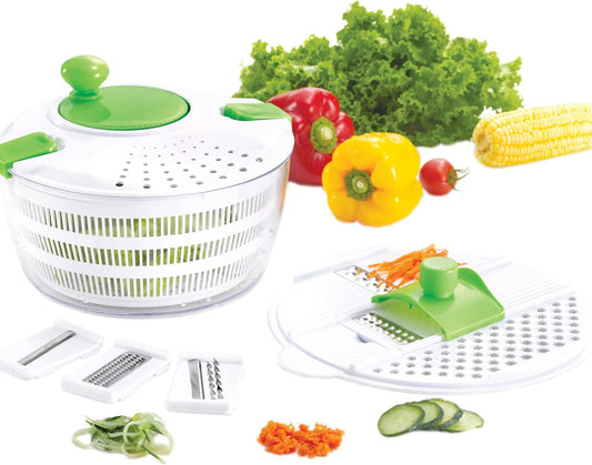 Salad Spinner and Mandoline Multifunctional Set, Vegetable Dryer With 6 Blades and Pouring Spout - 4L (2PK)