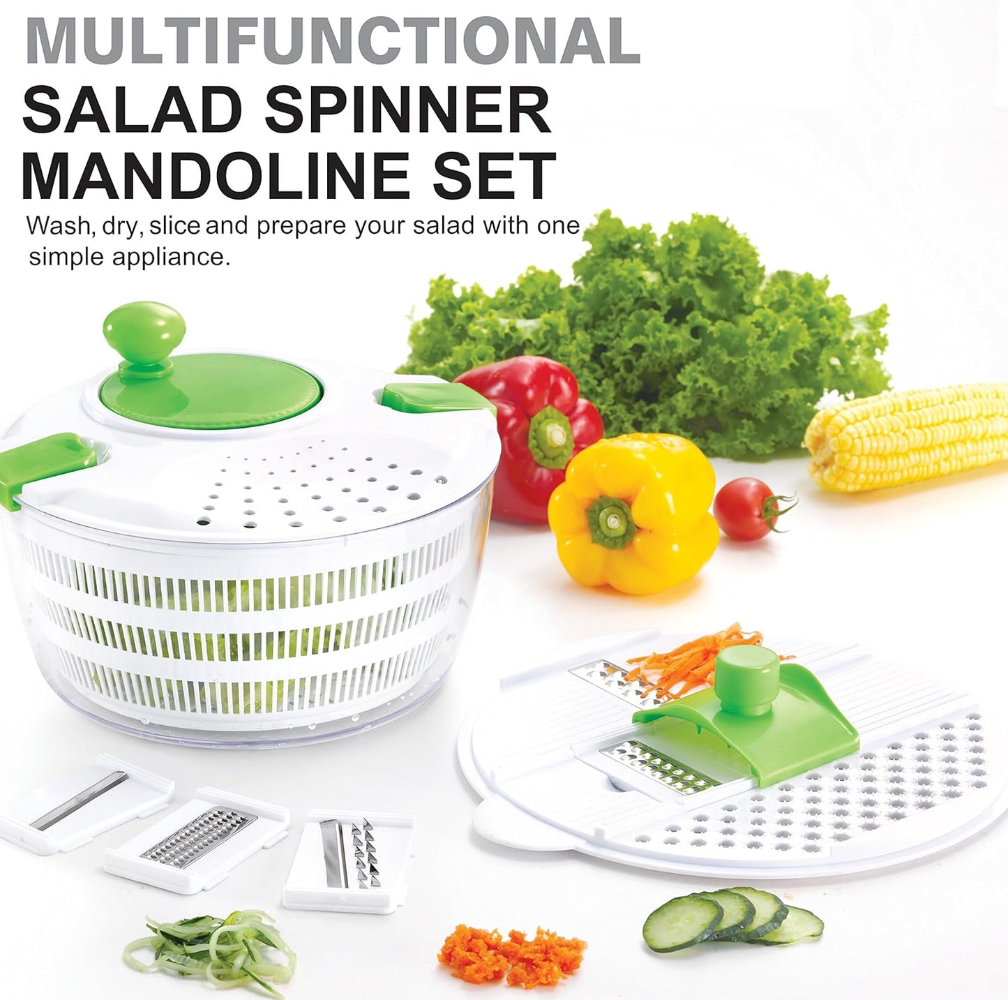 Salad Spinner and Mandoline Multifunctional Set, Vegetable Dryer With 6 Blades and Pouring Spout - 4L (2PK)