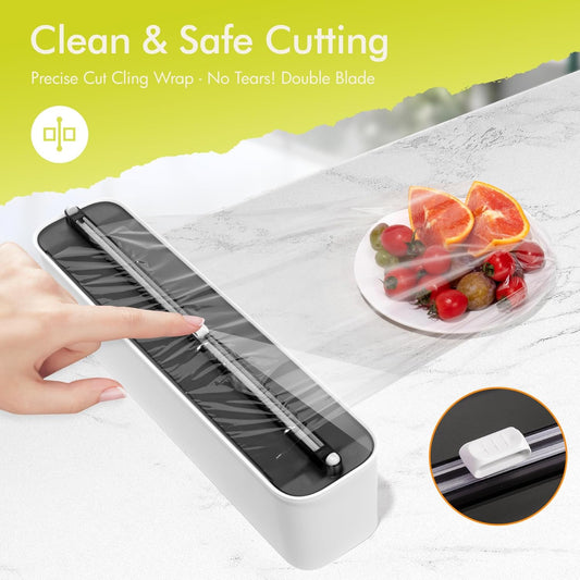Aluminum Foil & Plastic Wrap Dispenser with Cutter - Magnetic & No-Drill Wall Mount, Cling Film Dispenser for Countertops & Cabinets, Space-Saving Kitchen Organizer - Fits 300 m Rolls, Black
