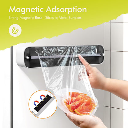 Aluminum Foil & Plastic Wrap Dispenser with Cutter - Magnetic & No-Drill Wall Mount, Cling Film Dispenser for Countertops & Cabinets, Space-Saving Kitchen Organizer - Fits 300 m Rolls, Black