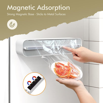 Aluminum Foil & Plastic Wrap Dispenser with Cutter - Magnetic & No-Drill Wall Mount, Cling Film Dispenser for Countertops & Cabinets, Space-Saving Kitchen Organizer - Fits 300 m Rolls, Black