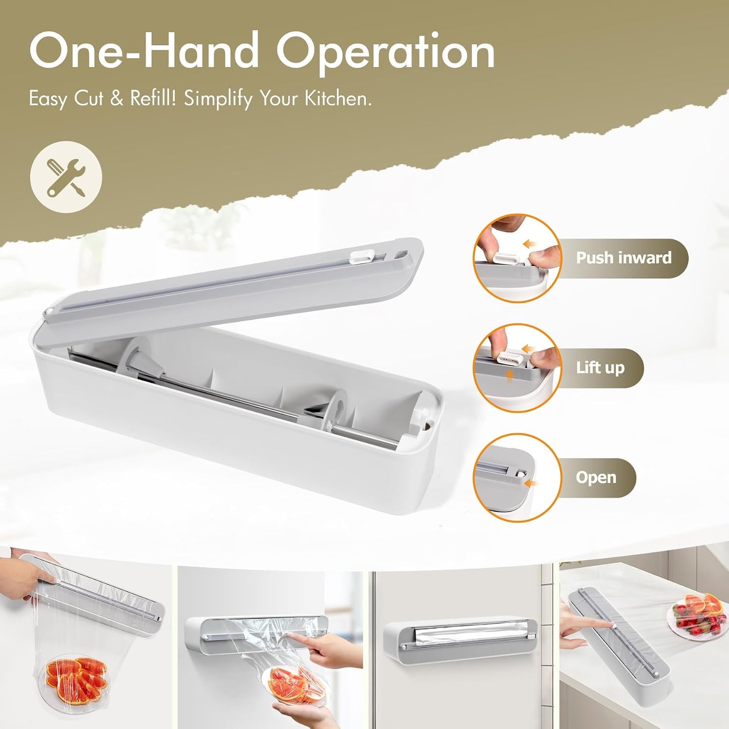 Aluminum Foil & Plastic Wrap Dispenser with Cutter - Magnetic & No-Drill Wall Mount, Cling Film Dispenser for Countertops & Cabinets, Space-Saving Kitchen Organizer - Fits 300 m Rolls, Black