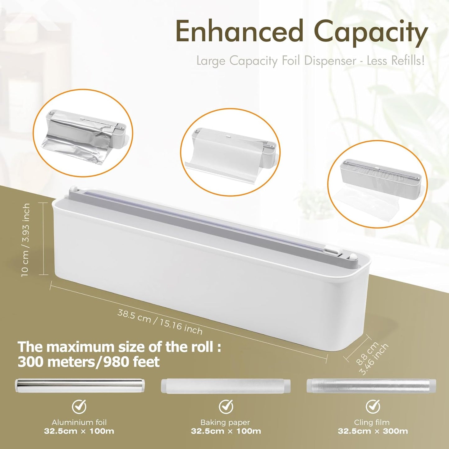 Aluminum Foil & Plastic Wrap Dispenser with Cutter - Magnetic & No-Drill Wall Mount, Cling Film Dispenser for Countertops & Cabinets, Space-Saving Kitchen Organizer - Fits 300 m Rolls, Black