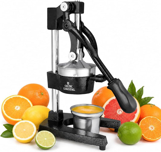 Cast Iron Juicer – Heavy Duty Manual Citrus Press | Hand Juicer Squeezer for Orange, Lemon, Lime, Grapefruit & Pomegranate | Countertop Juice Press with Stainless Steel Cup & Removable Strainer, Black