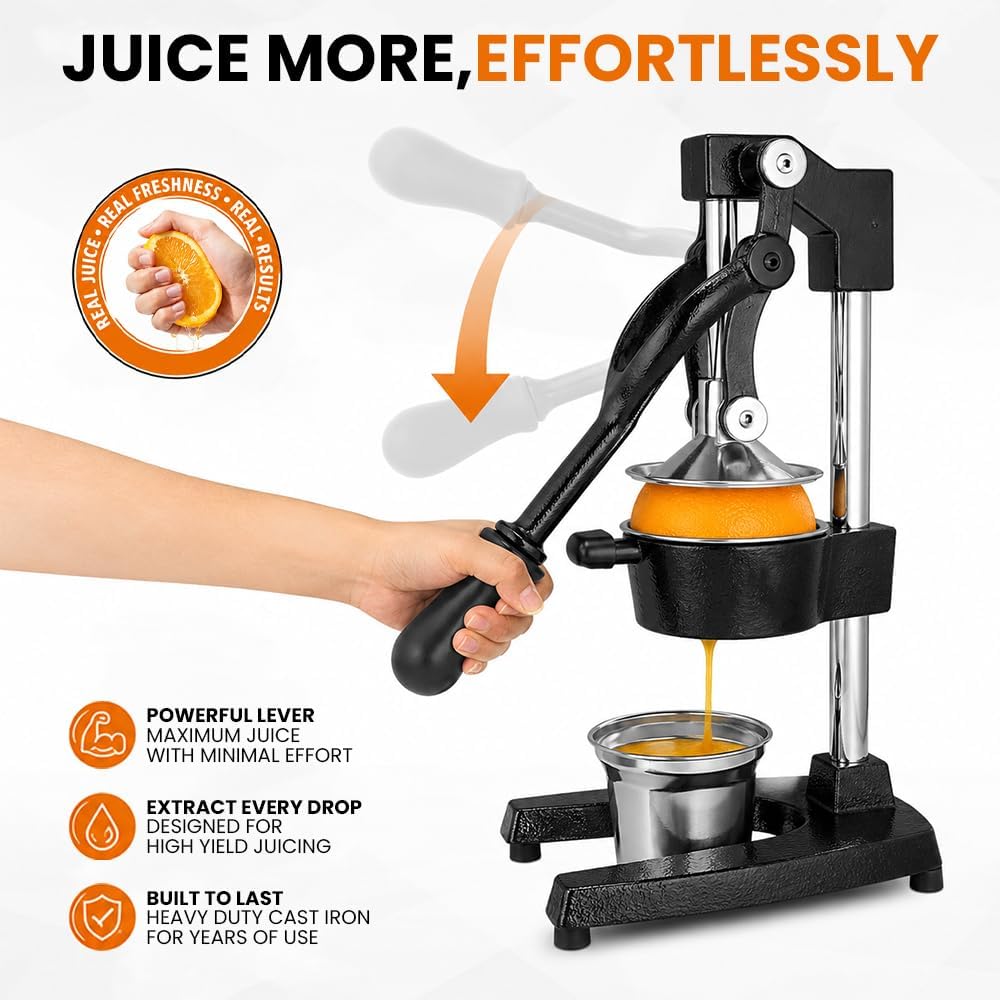Cast Iron Juicer – Heavy Duty Manual Citrus Press | Hand Juicer Squeezer for Orange, Lemon, Lime, Grapefruit & Pomegranate | Countertop Juice Press with Stainless Steel Cup & Removable Strainer, Black