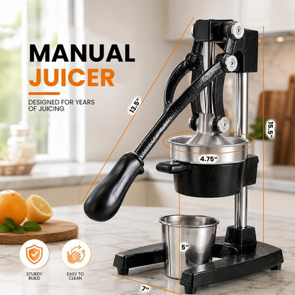 Cast Iron Juicer – Heavy Duty Manual Citrus Press | Hand Juicer Squeezer for Orange, Lemon, Lime, Grapefruit & Pomegranate | Countertop Juice Press with Stainless Steel Cup & Removable Strainer, Black