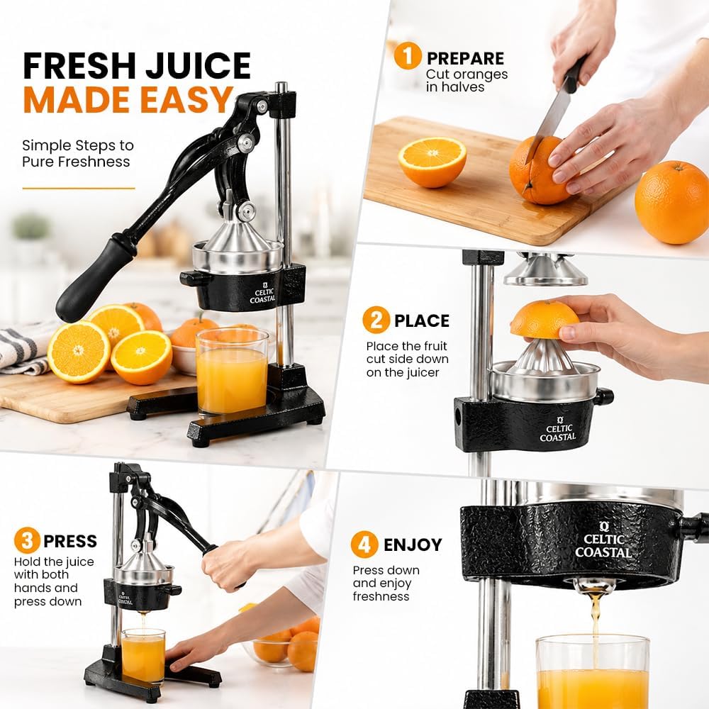 Cast Iron Juicer – Heavy Duty Manual Citrus Press | Hand Juicer Squeezer for Orange, Lemon, Lime, Grapefruit & Pomegranate | Countertop Juice Press with Stainless Steel Cup & Removable Strainer, Black
