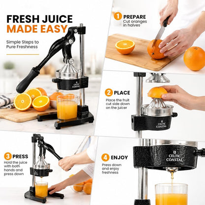 Cast Iron Juicer – Heavy Duty Manual Citrus Press | Hand Juicer Squeezer for Orange, Lemon, Lime, Grapefruit & Pomegranate | Countertop Juice Press with Stainless Steel Cup & Removable Strainer, Black