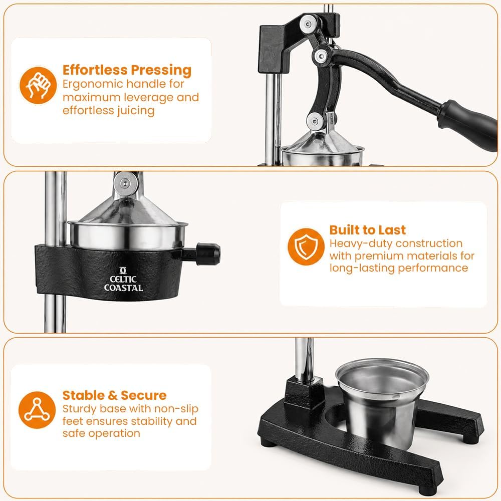 Cast Iron Juicer – Heavy Duty Manual Citrus Press | Hand Juicer Squeezer for Orange, Lemon, Lime, Grapefruit & Pomegranate | Countertop Juice Press with Stainless Steel Cup & Removable Strainer, Black